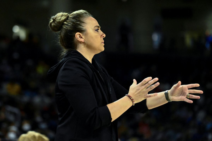 Jul 26, 2022; Chicago, IL, USA;  Las Vegas Aces head coach Becky Hammon directs the team during the first half of the Commissioners Cup-Championships against the Chicago Sky at Wintrust Arena. Mandatory Credit: Matt Marton-USA TODAY Sports/File Photo