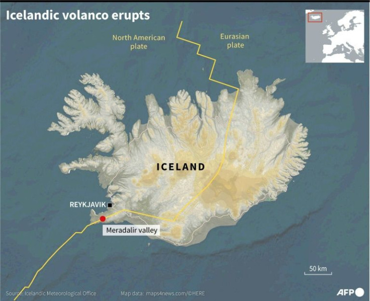Map of Iceland locating the Meradalir valley where a volcano erupted in a fissure near the capital Reykjavik, on August 3