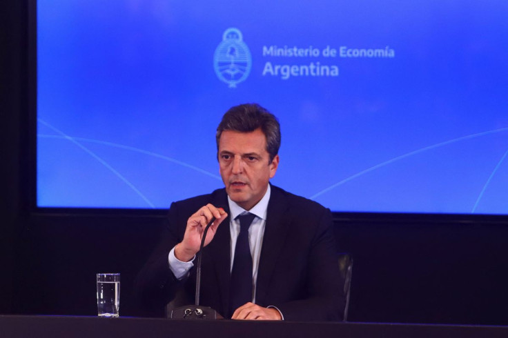 Argentina's new Economy Minister Sergio Massa talks to the media after being sworn in, at the Economy Ministry in Buenos Aires, Argentina, August 3, 2022. 