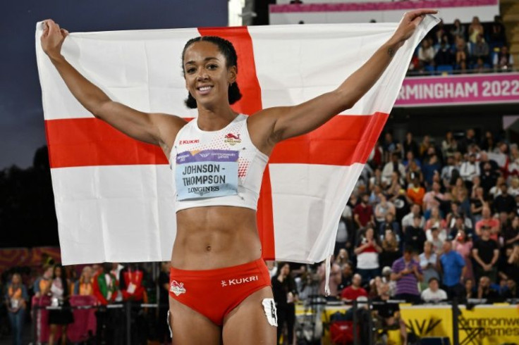 England's Katarina Johnson-Thompson celebrates heptathlon gold at the Commonwealth Games