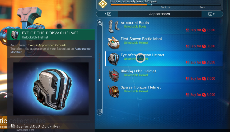 Some of the cosmetic pieces sold by the Quicksilver merchant in the Space Anomaly - No Man's Sky
