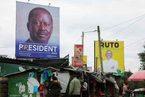 Banners of Kenya's opposition leader and presidential candidate Raila Odinga of the Azimio la Umoja (Declaration of Unity) coalition (L), and Kenya's Deputy President William Ruto and presidential candidate for the United Democratic Alliance (UDA) and Ken