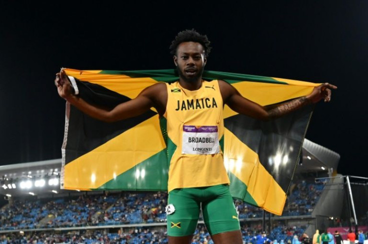 Jamaica's Rasheed Broadbell celebrates after winning the men's 110m hurdles final at the 2022 Commonwealth Games