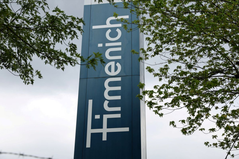 A logo is pictured in front of flavour and fragrance maker Firmenich production site in Meyrin, Switzerland, May 31, 2022. 