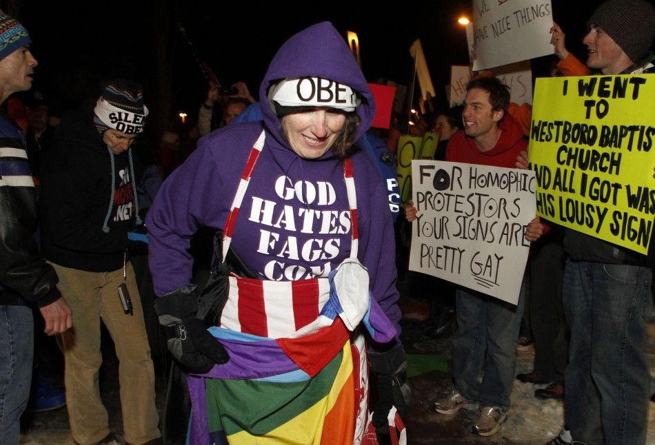 Members of the Westboro Baptist church leave their protest of the screening of quotRed Statequot at the Sundance Film Festival in Park City, Utah
