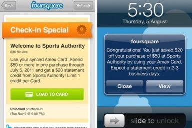 A picture of the new foursquare/Amex service which links an Amex card to a user&#039;s foursquare account and gives automatic deals for local merchants.