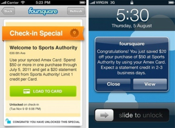 A picture of the new foursquare/Amex service which links an Amex card to a user&#039;s foursquare account and gives automatic deals for local merchants.