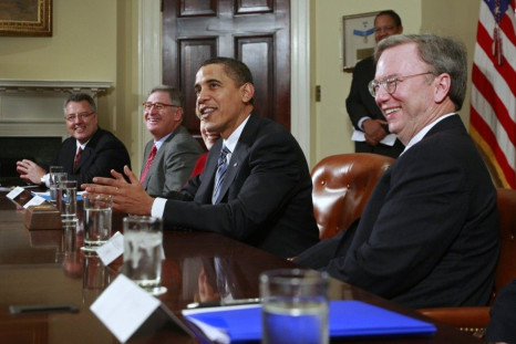 US President Obama speaks to the media alongside Google CEO Schmidt in Washington.