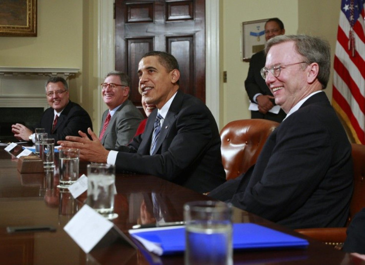 US President Obama speaks to the media alongside Google CEO Schmidt in Washington.