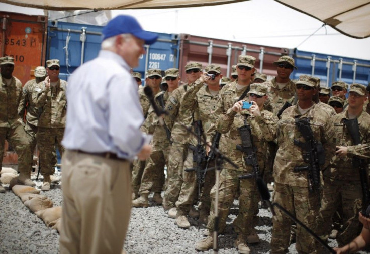 U.S. Secretary of Defense Robert Gates speaks with troops at FOB Walton in Afghanistan