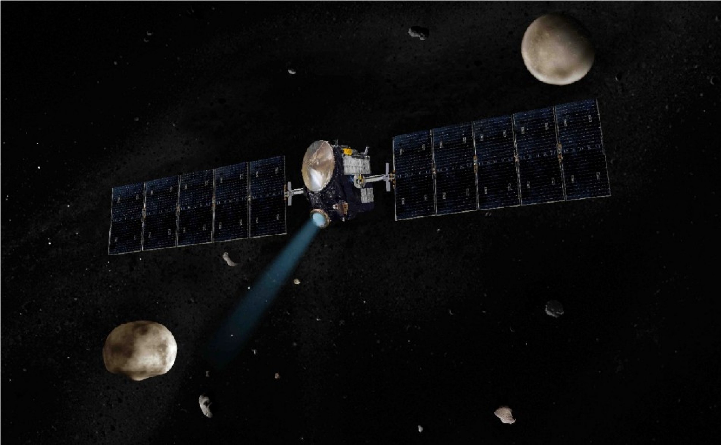 Artists concept of NASAs Dawn spacecraft. The giant asteroid Vesta, Dawns next destination, is on the lower left. The largest body in the asteroid belt and Dawns second destination, dwarf planet Ceres, is on the upper right.