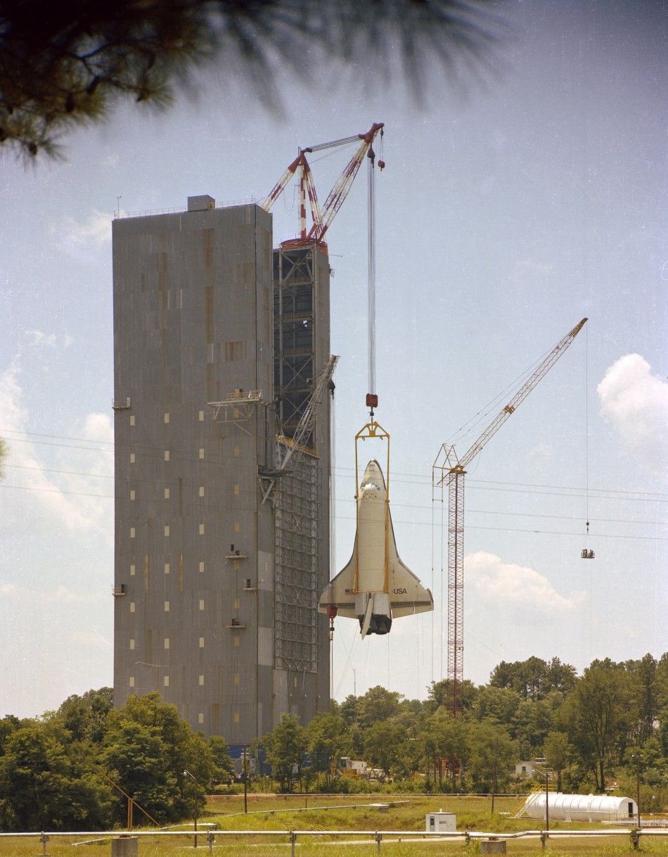 NASA handout photo of the shuttle orbiter Enterprise being removed from the dynamic test stand in Huntsville