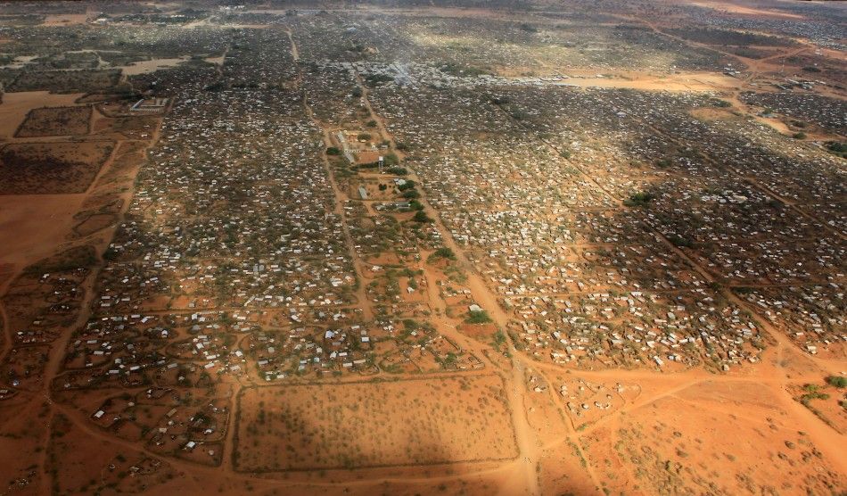 An aerial view shows makeshift shelters at the Dagahaley camp in Dadaab, near the Kenya-Somalia border