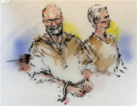 Accused Boston crime boss James ''Whitey'' Bulger (L) and his girlfriend Catherine are shown during their arraignment in federal court in Los Angeles, California in this June 23, 2011 courtroom sketch.