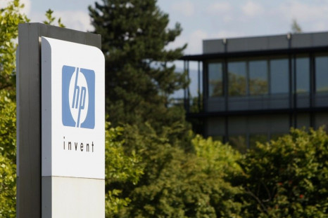 An HP Invent logo is pictured in front of Hewlett-Packard international offices in Meyrin near Geneva