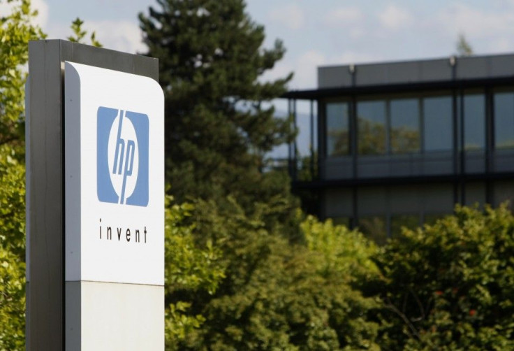 An HP Invent logo is pictured in front of Hewlett-Packard international offices in Meyrin near Geneva