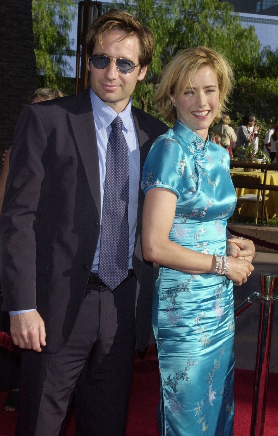 Actress Tea Leoni, who stars in the action adventure motion picture quotJurassic Park III,quot arrives July 16, 2001 with her husband, actor David Duchovny, at the Los Angeles premiere of the film at the Universal Amphitheatre.