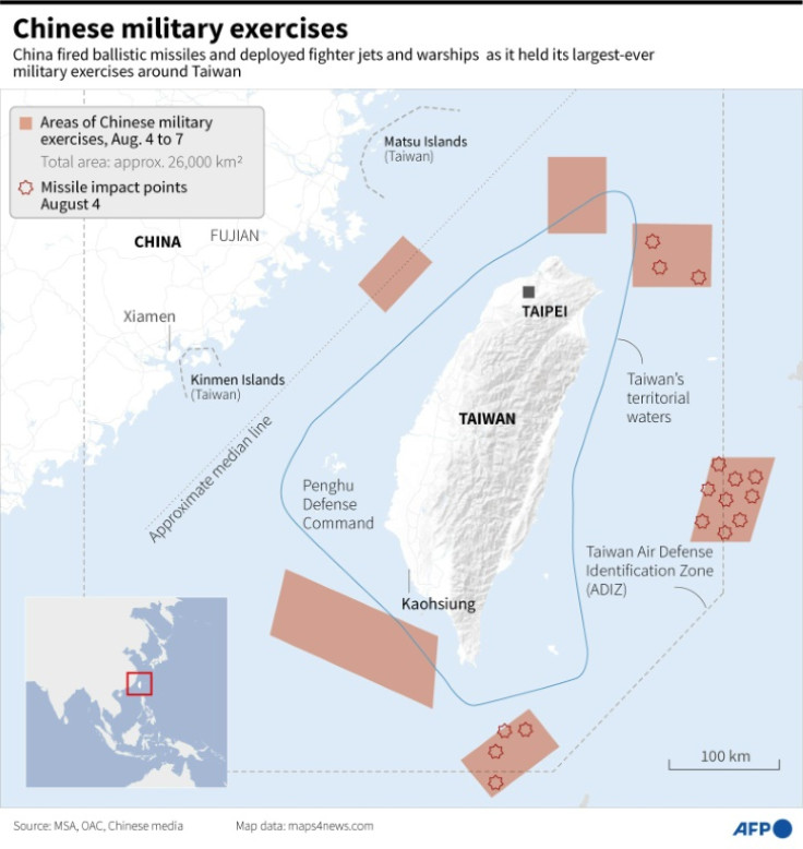 Map of Taiwan and its surrounding waters, highlighting the areas of the Chinese military drills from August 4 to 7 and points of impact of missiles