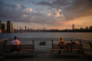 Families in Manhattan (skyline seen from Brooklyn on August 2, 2022) spend some 55 percent of their income on rent