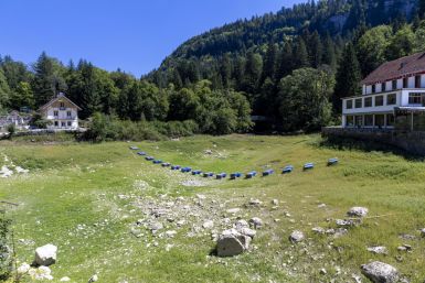 Drought affected Doubs river in Villers-le-Lac