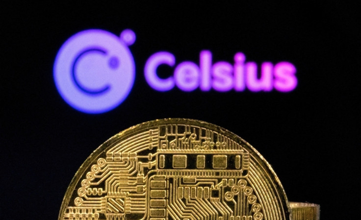 Illustration shows Celsius Network logo and representations of cryptocurrencies