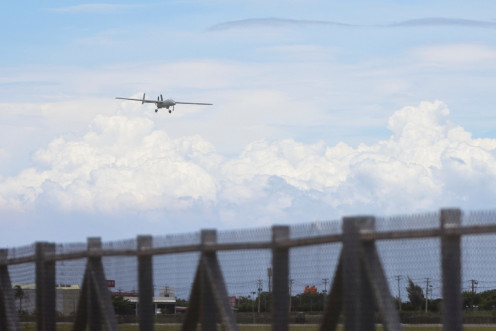 An Albatross unmanned aerial vehicle (UAV), prepares for landing during a military exercise at the Hengchun airport in Pingtung county, southern Taiwan