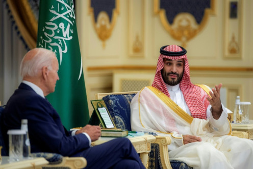 Saudi Crown Prince Mohammed bin Salman (R) meets with US President Joe Biden at Al-Salam Palace in the Red Sea port city of Jeddah
