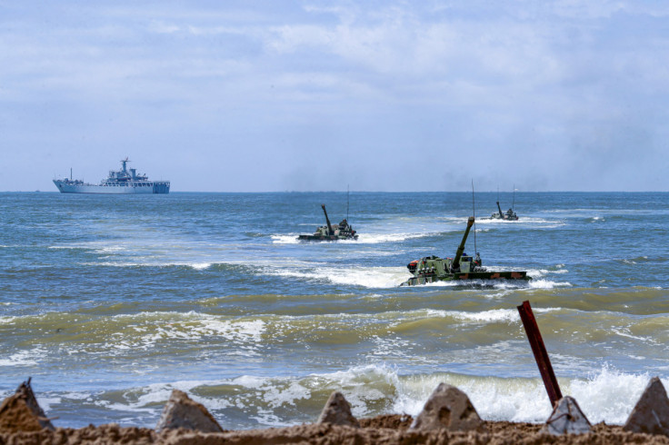 PLA amphibious armoured vehicles take part in an exercise in Zhangzhou