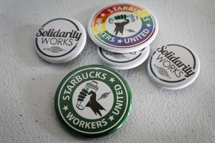 Buttons showing support for a Starbucks Union are seen at the Workers United, an affiliate of the Service Employees International Union, offices in Buffalo, New York