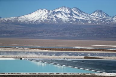 A view of a brine pools of a lithium mine on the Atacama salt flat in the Atacama desert