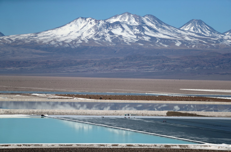 A view of a brine pools of a lithium mine on the Atacama salt flat in the Atacama desert