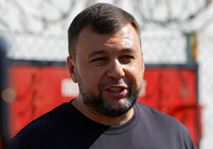 Head of the separatist self-proclaimed Donetsk People's Republic Denis Pushilin speaks to the media in Olenivka