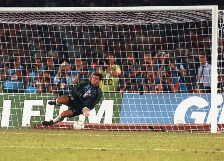 Sergio Goycochea stops a penalty against Italy in the 1990 World Cup semi-final as ultra-defensive Argentina advance by winning a second straight shoot out