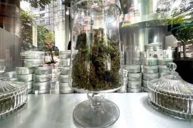 A jar with cannabis is seen in a dispensary shop in Bangkok
