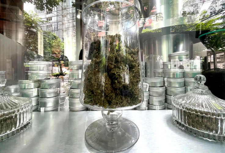 A jar with cannabis is seen in a dispensary shop in Bangkok