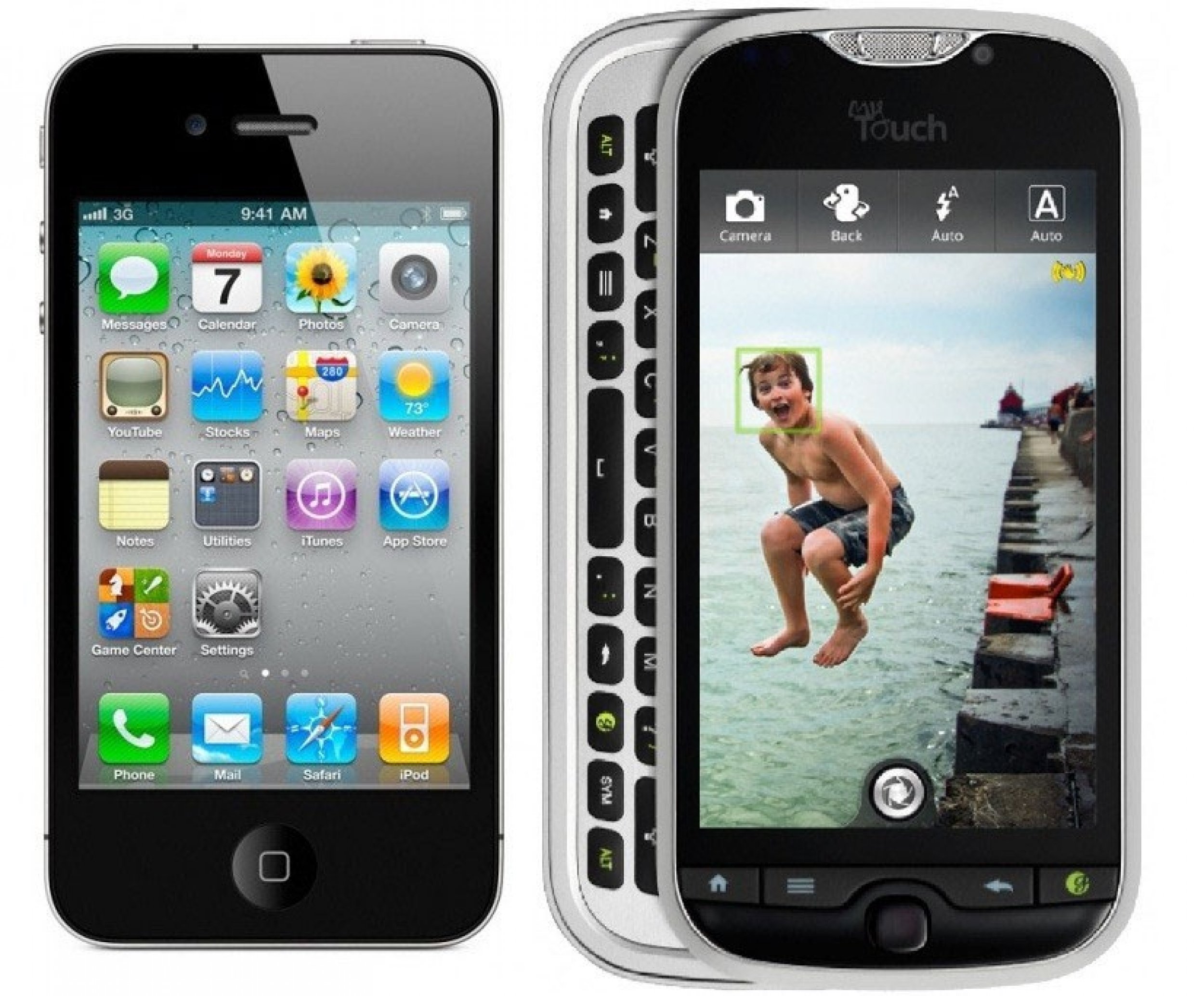 iPhone 4 left and HTC myTouch 4G Slide
