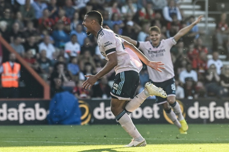 Arsenal defender William Saliba (C) celebrates after scoring at Bournemouth