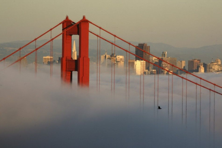 Fog settles on Golden Gate Bridge from Marin Headlands