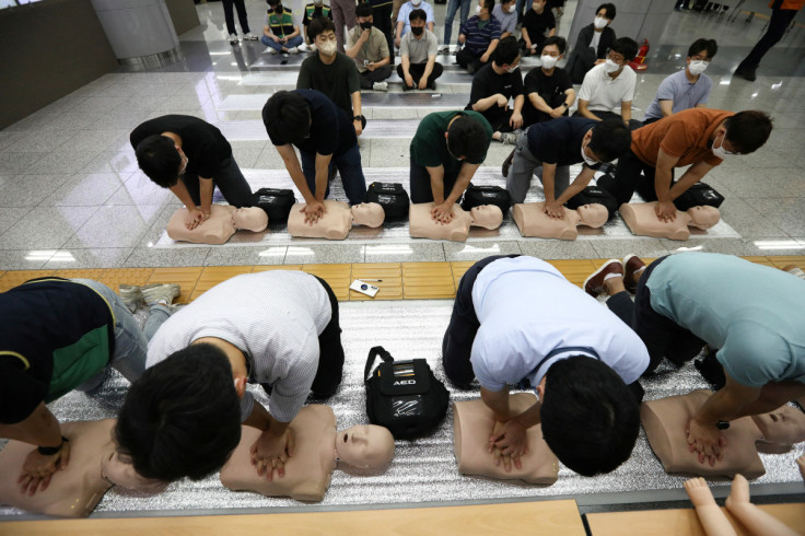 People take part in an anti-terror drill as part of the Ulchi Freedom Shield (UFS) exercise at a subway station in Incheon