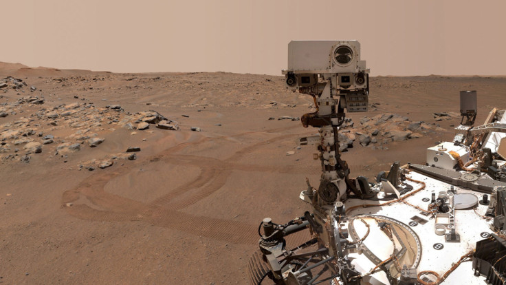 NASA’s Perseverance Mars rover is seen in a "selfie" that it took over a rock nicknamed "Rochette