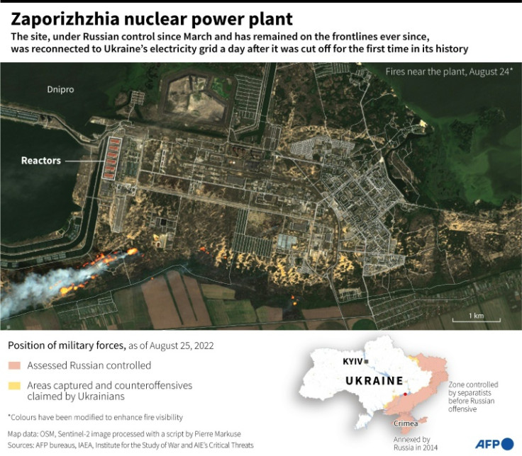Satellite image taken on August 24 showing fires near the Russian-controlled Zaporizhzhia nuclear power plant in Ukraine