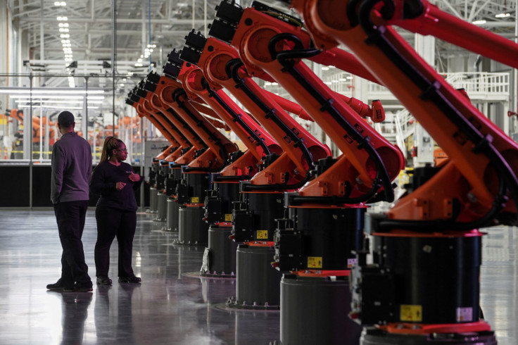The electric vehicle battery tray assembly line is seen at the opening of the Battery Factory for the Mercedes-Benz plant in Alabama