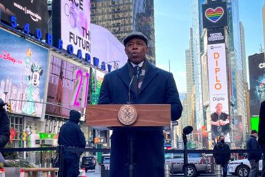 New York City Mayor Eric Adams makes an announcement at a news conference in Times Square in Manhattan in New York City