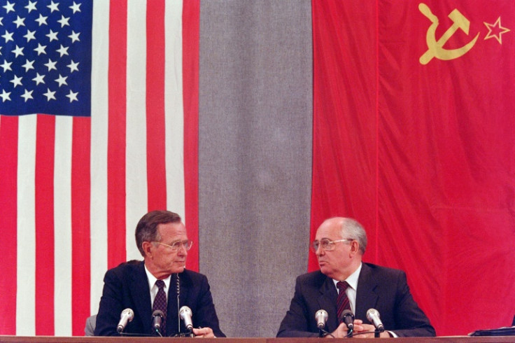 Gorbachev, pictured here with former US president George Bush, is credited with helping thaw US-Soviet relations