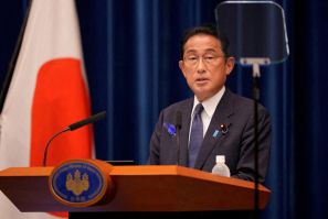 Japan's Prime Minister Fumio Kishida delivers a speech at his official residence in Tokyo