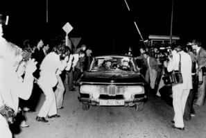 A police car carrying arrested Palestinian hostage takers leaves Fuerstenfeldbruck airport near Munich on September 6, 1972