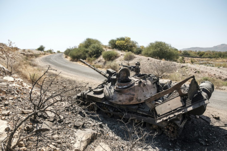 A damaged tank stands abandoned on a road near Humera, Ethiopia, in November 2020