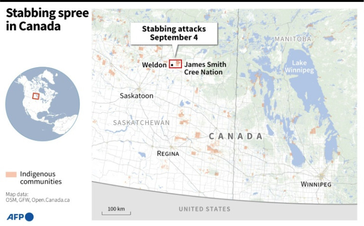 Map locating the city of Weldon in Canada and Indigenous Community of the James Smith Cree Nation, where a number of people were killed in a stabbing attacks on September 4