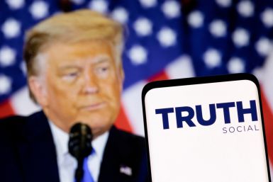 Illustration shows Truth social network logo and display of former U.S. President Donald Trump