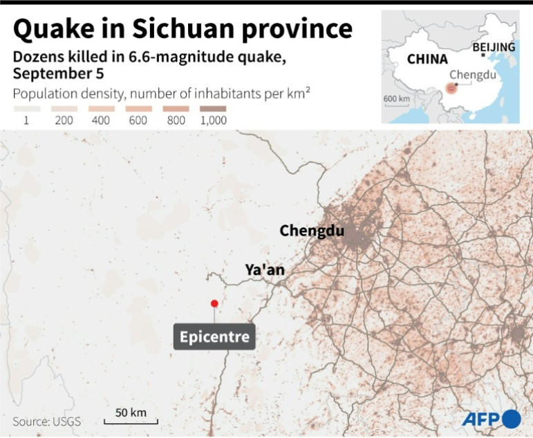 Map showing the population density near the epicentre of a 6.6-magnitude quake in Sichuan province, China, on September 5.
